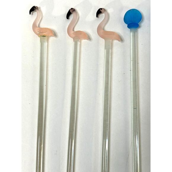 Set of 9 Hand Blown Glass Swizzle Sticks Cocktails Beach Flamingo Seashell Vntg - Picture 2 of 7